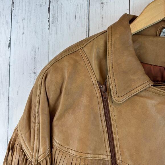 VTG Liz Phillips Brown Leather Western Fringe Asymmetric Zip Jacket Size Medium - Picture 2 of 14